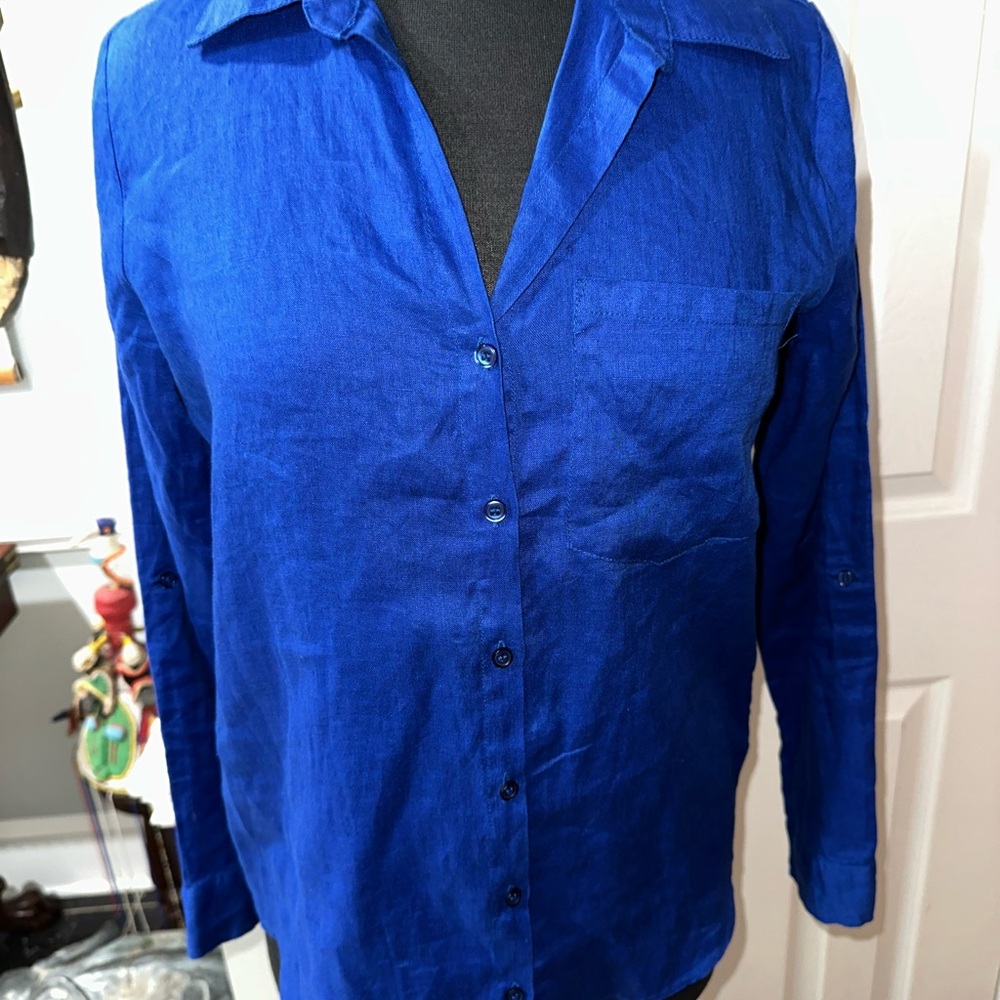 NWT, SAKS FIFTH AVENUE, ROYAL BLUE, 100% LINEN, WOMENS DESIGNER SHIRT   Size: S